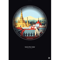 Affiche Nay Pyi Taw – Poster illustration vintage – Historic Old Town Of Nay Pyi Taw | Gravura – Fond foncé