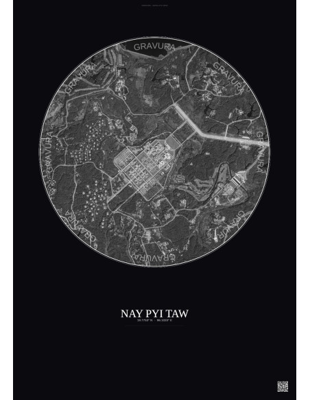 Affiche Nay Pyi Taw – Poster vue satellite 2.5km N&B | Gravura – Fond foncé