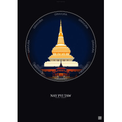 Affiche Nay Pyi Taw – Poster illustration vintage – Most Iconic Landmark Of Nay Pyi Taw | Gravura – Fond foncé