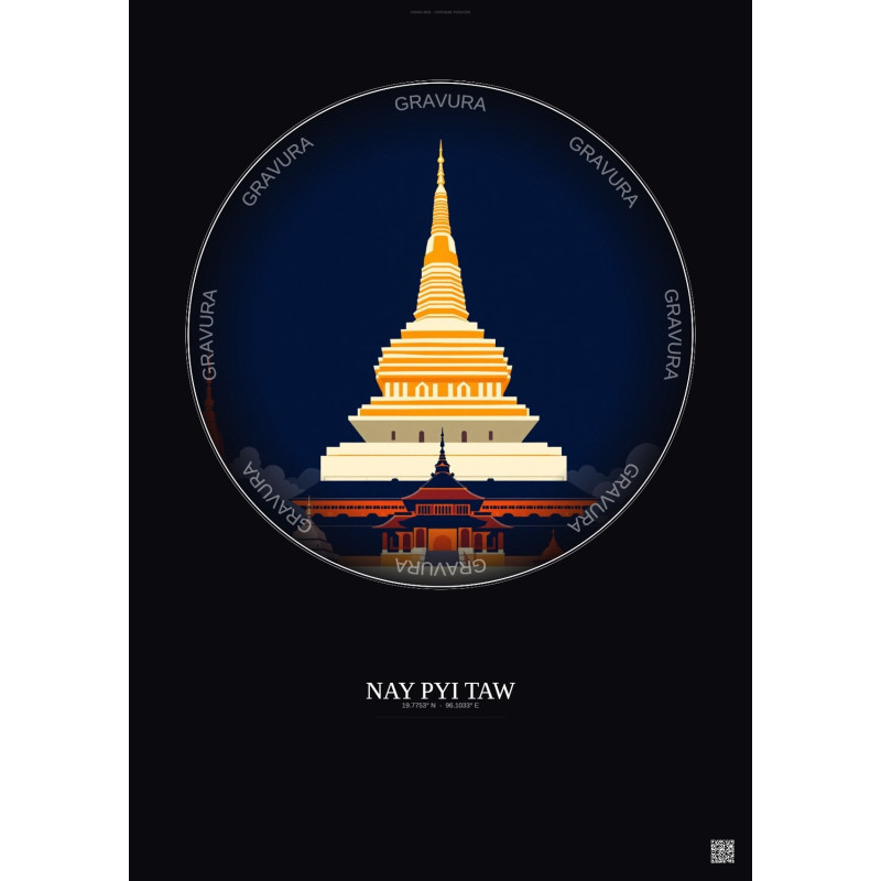 Affiche Nay Pyi Taw – Poster illustration vintage – Most Iconic Landmark Of Nay Pyi Taw | Gravura – Fond foncé
