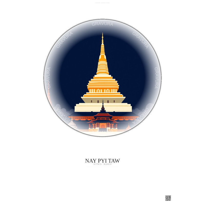 Affiche Nay Pyi Taw – Poster illustration vintage – Most Iconic Landmark Of Nay Pyi Taw | Gravura – Fond clair