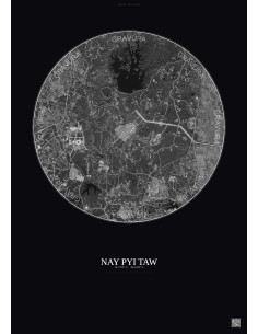 Affiche Nay Pyi Taw – Poster vue satellite 6km N&B | Gravura – Fond foncé