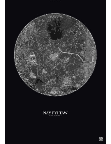 Affiche Nay Pyi Taw – Poster vue satellite 6km N&B | Gravura – Fond foncé