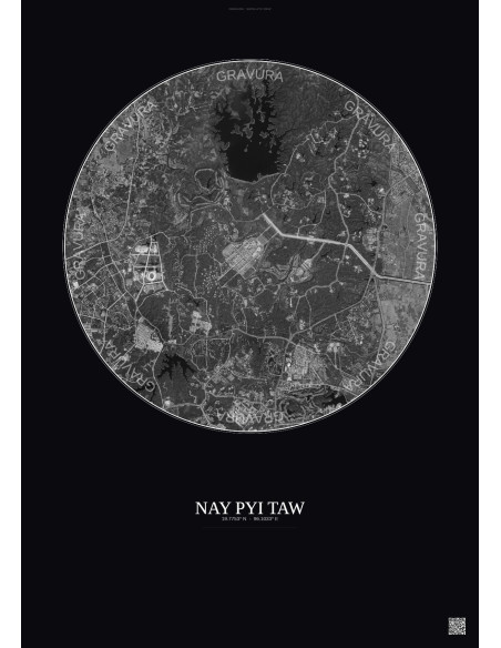 Affiche Nay Pyi Taw – Poster vue satellite 6km N&B | Gravura – Fond foncé
