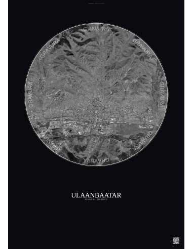 Ulaanbaatar Satellite View Poster 10km B&W | Gravura – Dark background