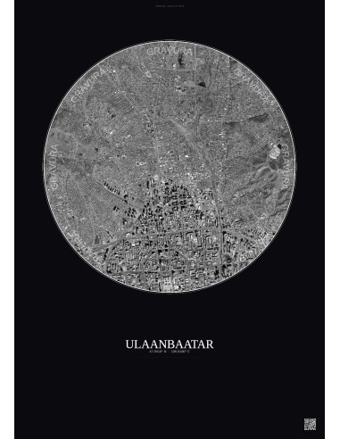Affiche Ulaanbaatar – Poster vue satellite 2.5km N&B | Gravura – Fond foncé