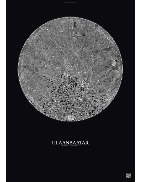 Affiche Ulaanbaatar – Poster vue satellite 2.5km N&B | Gravura – Fond foncé
