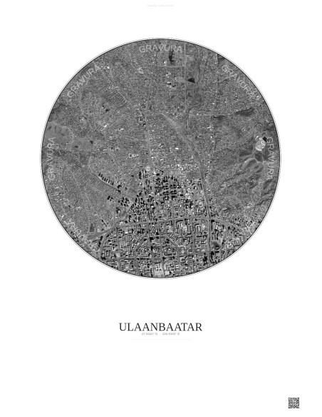 Affiche Ulaanbaatar – Poster vue satellite 2.5km N&B | Gravura – Fond clair