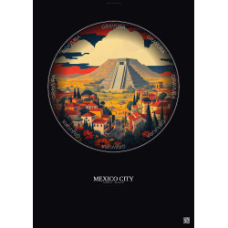 Affiche Mexico City – Poster illustration vintage – Famous Viewpoint Of Mexico City | Gravura – Fond foncé