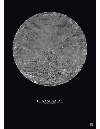 Ulaanbaatar Satellite View Poster 6km B&W | Gravura – Dark background