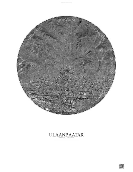 Affiche Ulaanbaatar – Poster vue satellite 6km N&B | Gravura – Fond clair