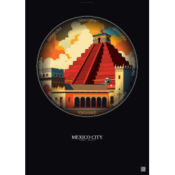 Affiche Mexico City – Poster illustration vintage – Historic Old Town Of Mexico City | Gravura – Fond foncé