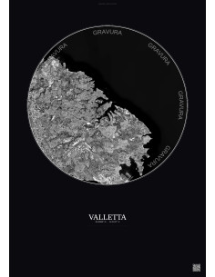 Affiche Valletta – Poster vue satellite 10km N&B | Gravura – Fond foncé