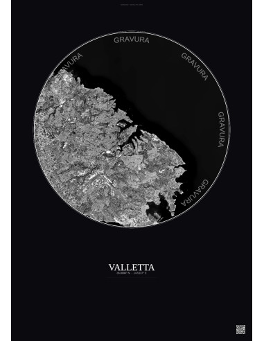 Affiche Valletta – Poster vue satellite 10km N&B | Gravura – Fond foncé