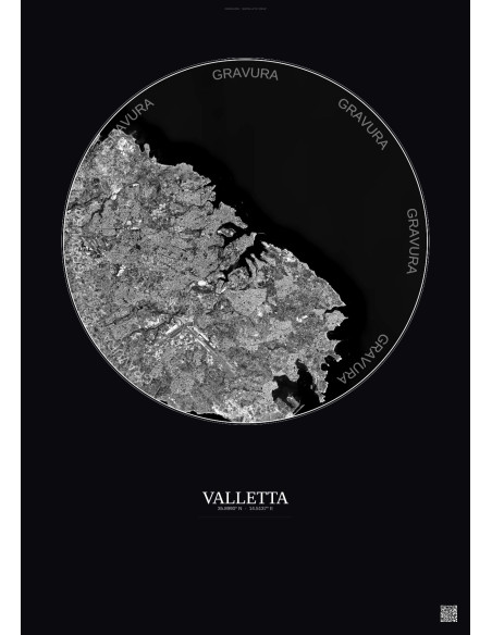 Affiche Valletta – Poster vue satellite 10km N&B | Gravura – Fond foncé