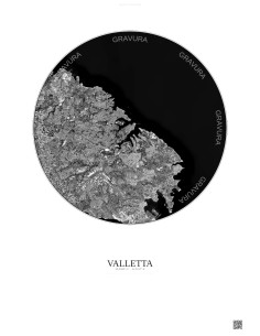 Affiche Valletta – Poster vue satellite 10km N&B | Gravura – Fond clair