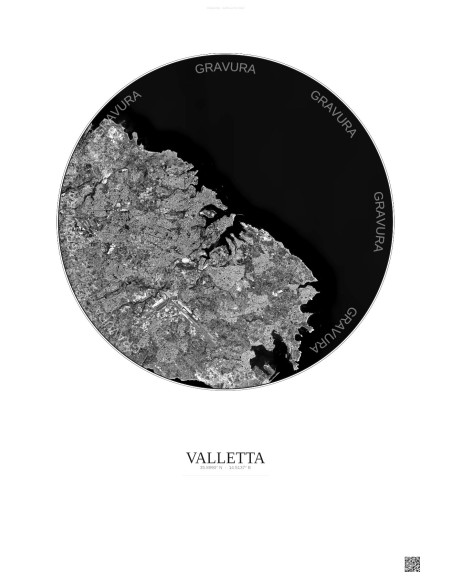 Affiche Valletta – Poster vue satellite 10km N&B | Gravura – Fond clair