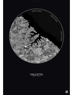 Affiche Valletta – Poster vue satellite 6km N&B | Gravura – Fond foncé