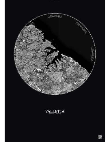 Valletta Satellite View Poster 6km B&W | Gravura – Dark background