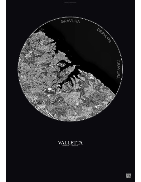 Valletta Satellite View Poster 6km B&W | Gravura – Dark background