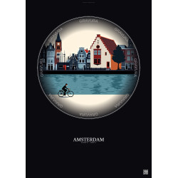Affiche Amsterdam – Poster illustration vintage – Anne Frank House | Gravura – Fond foncé