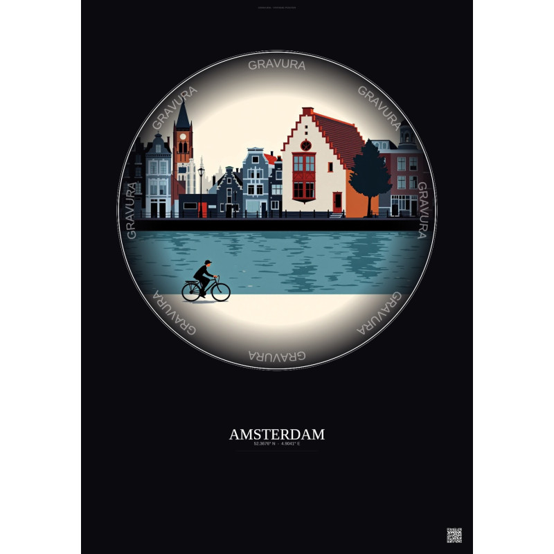 Affiche Amsterdam – Poster illustration vintage – Anne Frank House | Gravura – Fond foncé