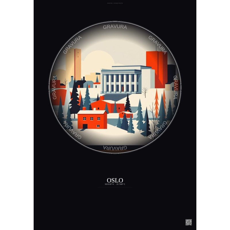 Affiche Oslo – Poster illustration vintage – National Museum Of Art Architecture And Design | Gravura – Fond foncé
