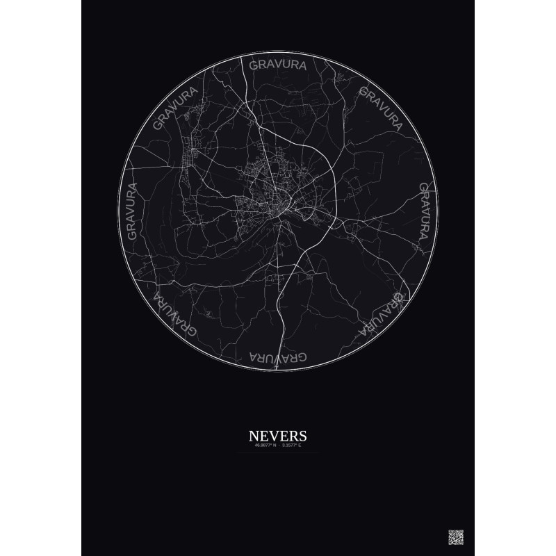 Affiche Nevers – Poster carte de ville 10km | Gravura – Fond foncé