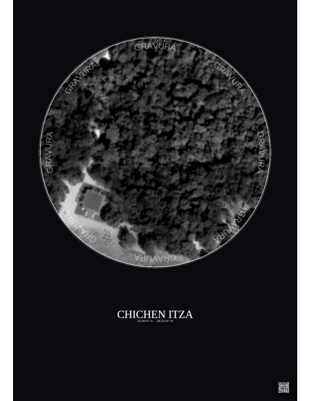 Affiche Chichen Itza – Poster vue satellite 0.1km N&B | Gravura – Fond foncé