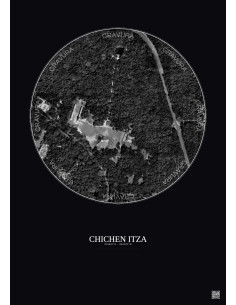 Affiche Chichen Itza – Poster vue satellite 0.5km N&B | Gravura – Fond foncé