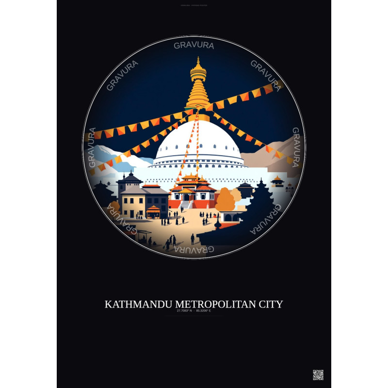 Affiche Kathmandu Metropolitan City – Poster illustration vintage – Most Iconic Landmark Of Kathmandu Metropolitan City | Gravur