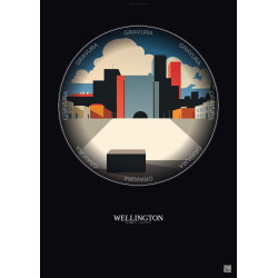 Affiche Wellington – Poster illustration vintage – Te Ngakau Civic Square | Gravura – Fond foncé