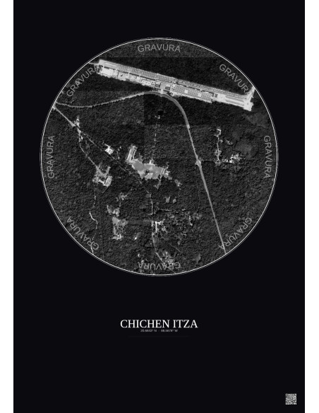 Chichen Itza Satellite View Poster 1km B&W | Gravura – Dark background