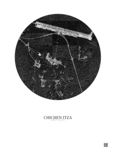 Chichen Itza Satellite View Poster 1km B&W | Gravura – Light background