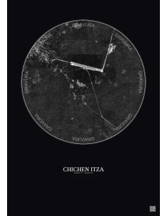 Affiche Chichen Itza – Poster vue satellite 2.5km N&B | Gravura – Fond foncé