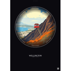 Affiche Wellington – Poster illustration vintage – Wellington Cable Car | Gravura – Fond foncé