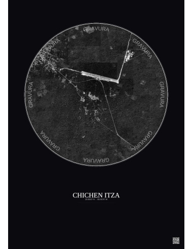 Affiche Chichen Itza – Poster vue satellite 2.5km N&B | Gravura – Fond foncé