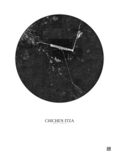 Affiche Chichen Itza – Poster vue satellite 2.5km N&B | Gravura – Fond clair