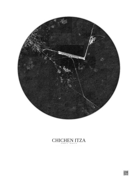 Affiche Chichen Itza – Poster vue satellite 2.5km N&B | Gravura – Fond clair