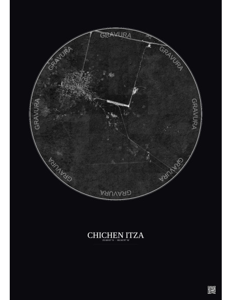 Affiche Chichen Itza – Poster vue satellite 5km N&B | Gravura – Fond foncé
