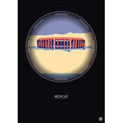 Affiche Muscat – Poster illustration vintage – Sultan Qaboos Sports Complex | Gravura – Fond foncé