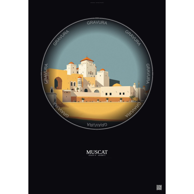 Affiche Muscat – Poster illustration vintage – The National Museum Sultanate Of Oman | Gravura – Fond foncé