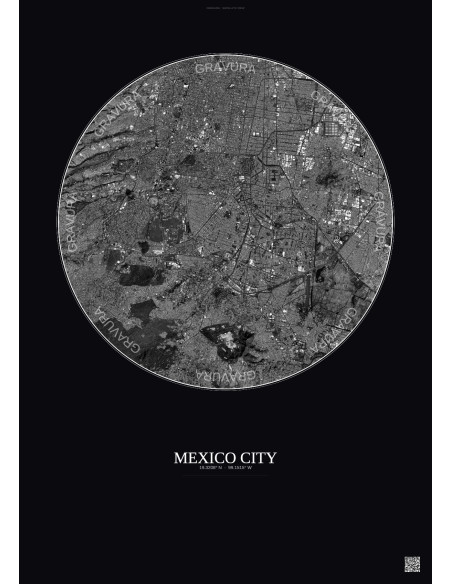 Affiche Mexico City – Poster vue satellite 10km N&B | Gravura – Fond foncé