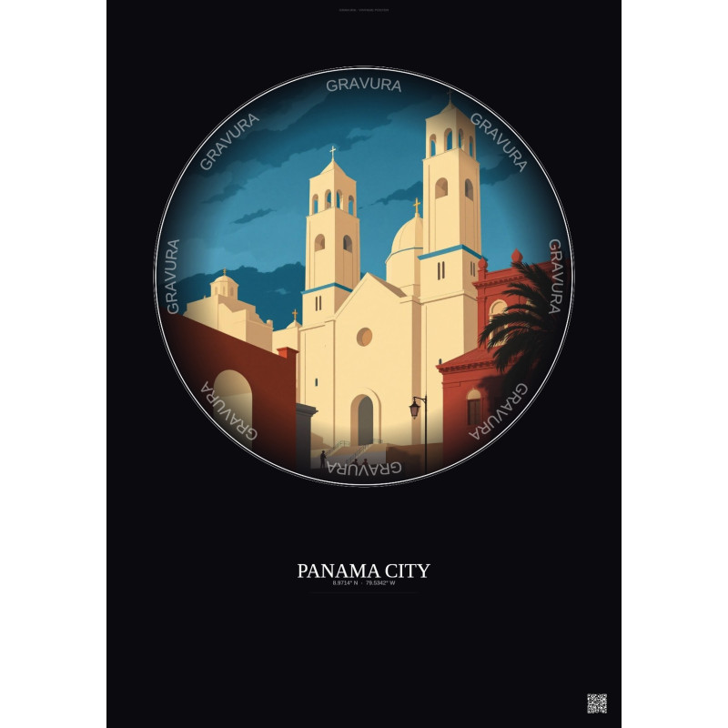 Affiche Panama City – Poster illustration vintage – Metropolitan Cathedral Of Panama City | Gravura – Fond foncé