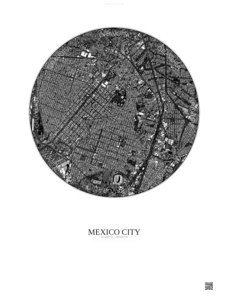 Affiche Mexico City – Poster vue satellite 2.5km N&B | Gravura – Fond clair