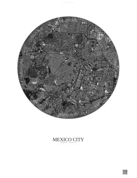 Affiche Mexico City – Poster vue satellite 6km N&B | Gravura – Fond clair