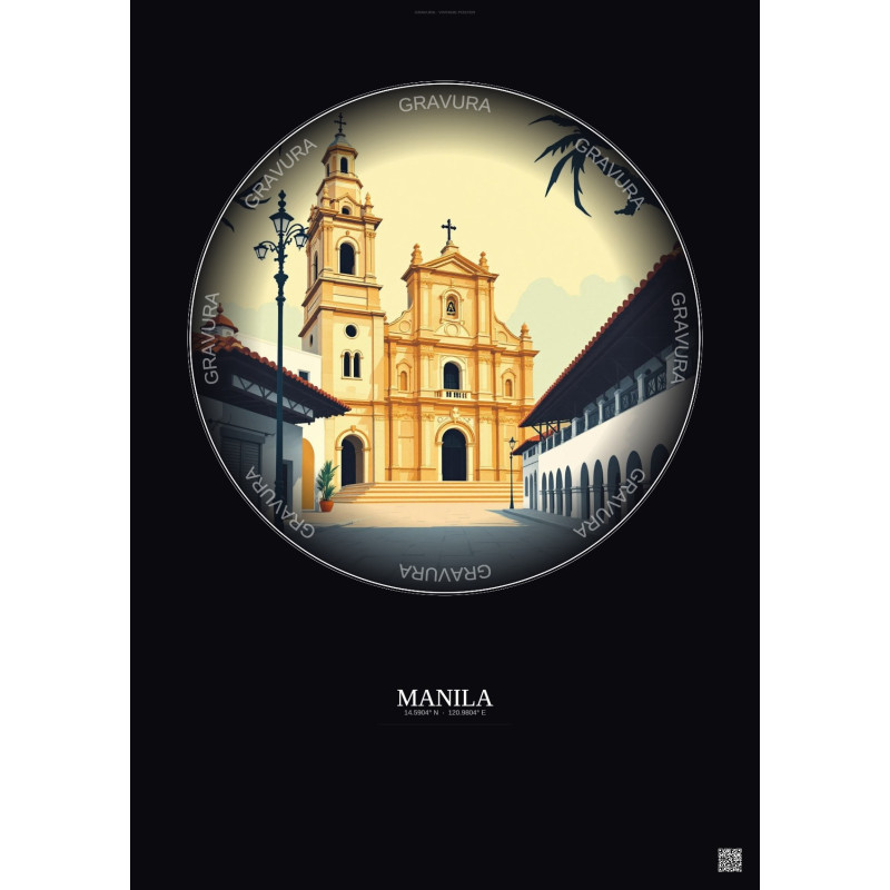 Affiche Manila – Poster illustration vintage – San Agustin Church | Gravura – Fond foncé