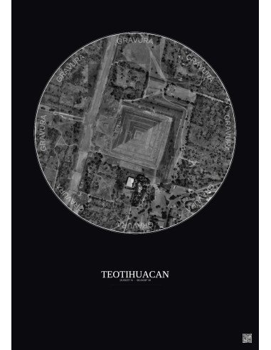 Affiche Teotihuacan – Poster vue satellite 0.5km N&B | Gravura – Fond foncé