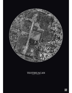 Affiche Teotihuacan – Poster vue satellite 1km N&B | Gravura – Fond foncé
