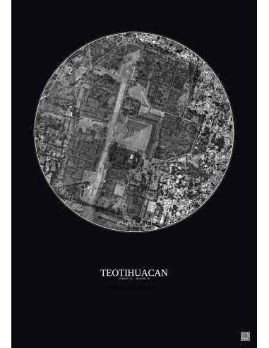 Affiche Teotihuacan – Poster vue satellite 1km N&B | Gravura – Fond foncé